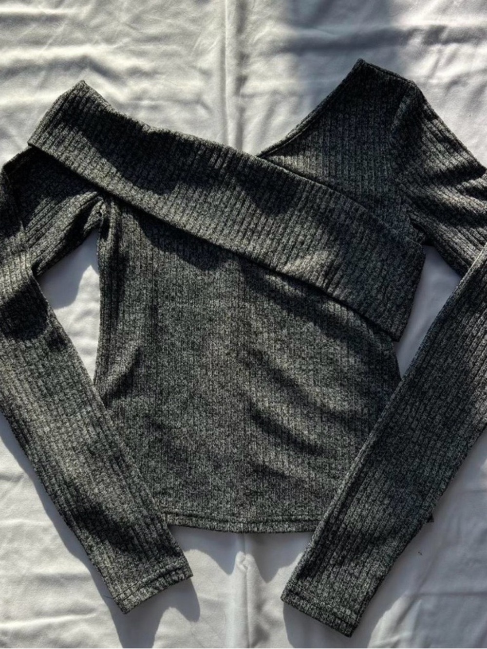 Ribbed Off-Shoulder Long Sleeve Sweater Top - Charcoal